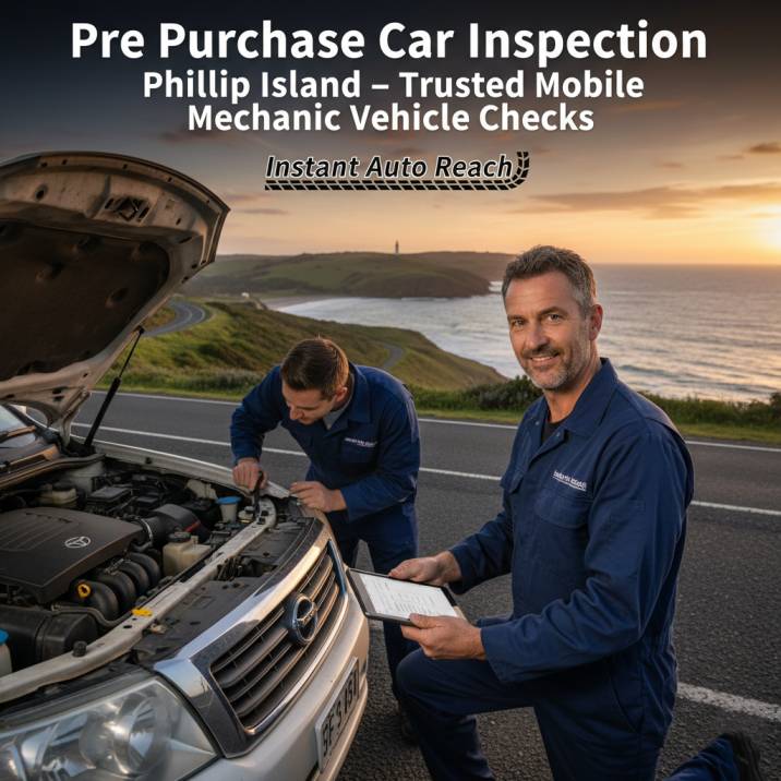 mechanic performing pre purchase car inspection Phillip Island near the coast