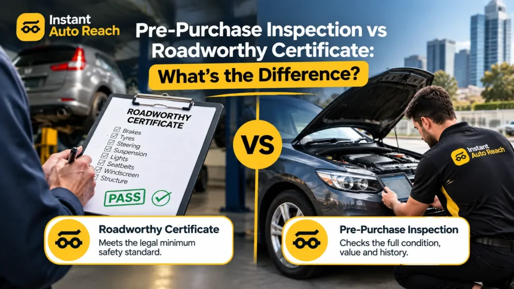 Pre-Purchase Inspection vs Roadworthy Certificate - What's the Difference? 10 Pre-purchase inspection vs roadworthy. Side-by-side of a roadworthy safety check and a full pre-purchase car inspection in Melbourne