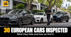 Inspector checking the engine bay of a used European hatchback in Melbourne