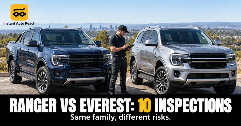 Used Ford Ranger and Everest - 10 Inspections Compared 4 Inspector checking for oil leaks under a used dual-cab ute in Melbourne