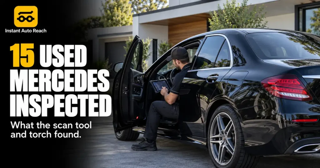 What 15 Used Mercedes Inspections Found 3 Inspector scanning a used German luxury sedan with a diagnostic tool in Melbourne