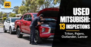 Inspector checking the coolant reservoir of a used SUV during a pre-purchase inspection